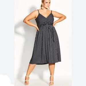 City Chic Women's Plus Size Black & White Striped Midi Dress Wrap Tie